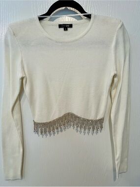 PaperMoon Ivory Rhinestone Fringe Crop Sweater Size Small NWOT Boutique Glam Top